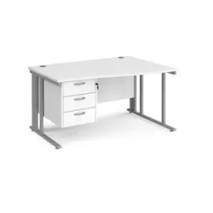 Image of Office Desk Right Hand Wave Desk 1400mm With Pedestal White Top With Silver Frame Maestro 25 MCM14WRP3SWH