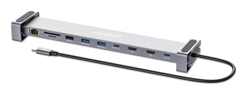 Image of Manhattan Manhattan USB-C Dock/Hub with Card Reader and MST, Ports (x7): GB Ethernet, HDMI (x2 4k@60Hz), USB-A (x3) and USB-C, Power Delivery (100W) t