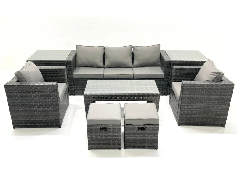 Image of Fimous Rattan Garden Furniture Set Outdoor Lounger Sofa with Coffee Table 2 Armchair 2 Small Footstools 2 Side Tables Dark Grey Mixed Dark Grey