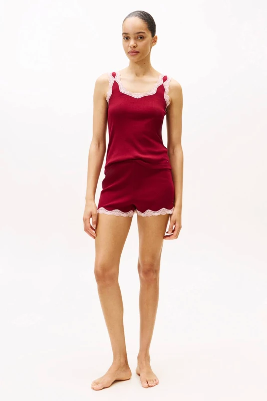 Image of Tommy Hilfiger Womens Ess. Lace Cami Short Pj Set Rouge in Red Size: Medium Red Female M