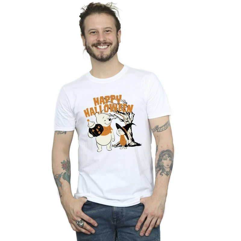 Image of Disney Men Winnie The Pooh And Piglet Happy Halloween T-Shirt in White Size: Small White S Male 5063153038363