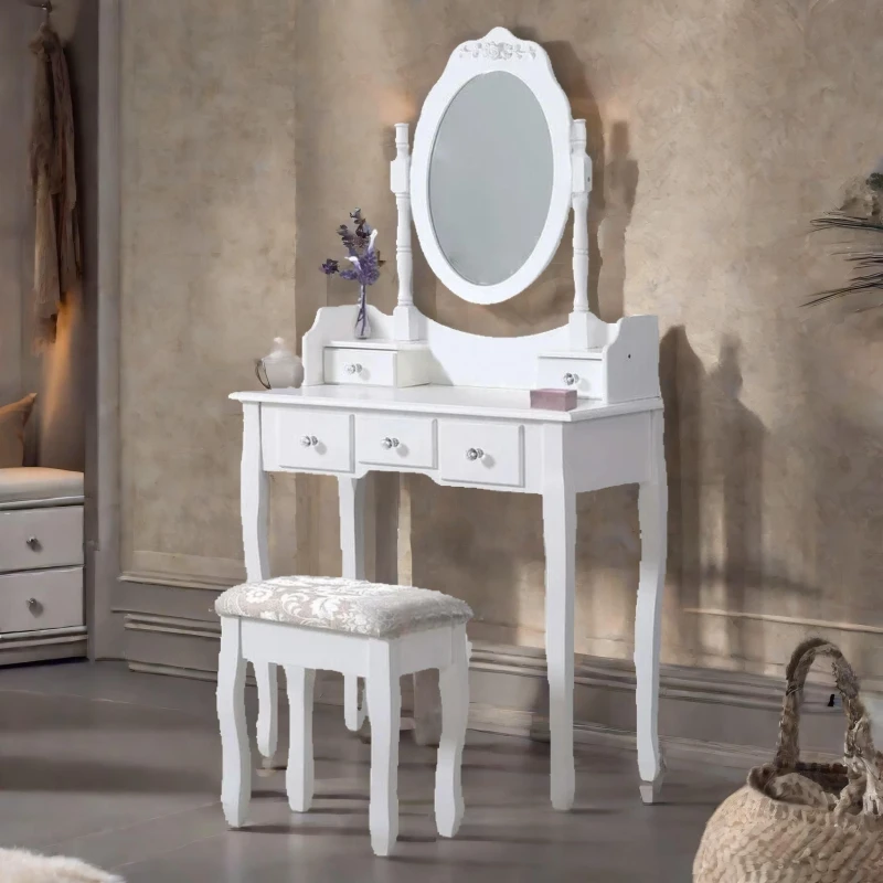 Image of Rafaelo Mobilia 145CM Tall 5 Drawer White Dressing Table With Round Mirror & Stool White Unisex