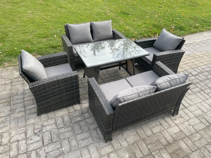 Image of Fimous Rattan Garden Furniture Set 6 Seater Patio Outdoor Lounge Sofa Set with Rectangular Dining Table Love Seat Sofa in Dark Grey Dark Grey Unisex