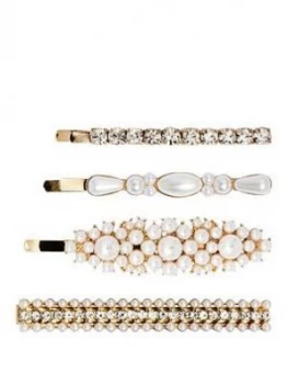 Image of Mood Gold Plated Cream Pearl And Crystal Slide And Barette 4 Pack