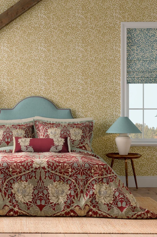 Image of Morris & Co 'Honeysuckle & Tulip' Cotton Duvet Cover Set Dark Red