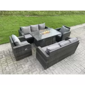Image of Fimous 8 Seater Outdoor Dark Grey Rattan Lounge Complete Sofa Set with Gas Fire Pit and Rectangle Dining Table