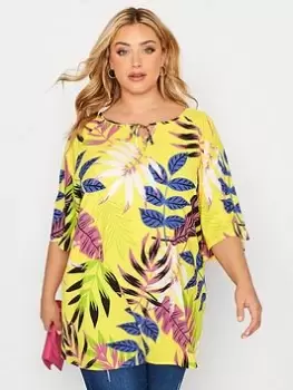 Image of Yours Tropical Tie Front Tshirt - Yellow, Yellow, Size 18, Women