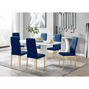 Image of Furniture Box Imperia 6 White Dining Table and 6 Navy Velvet Milan Gold Leg Chairs