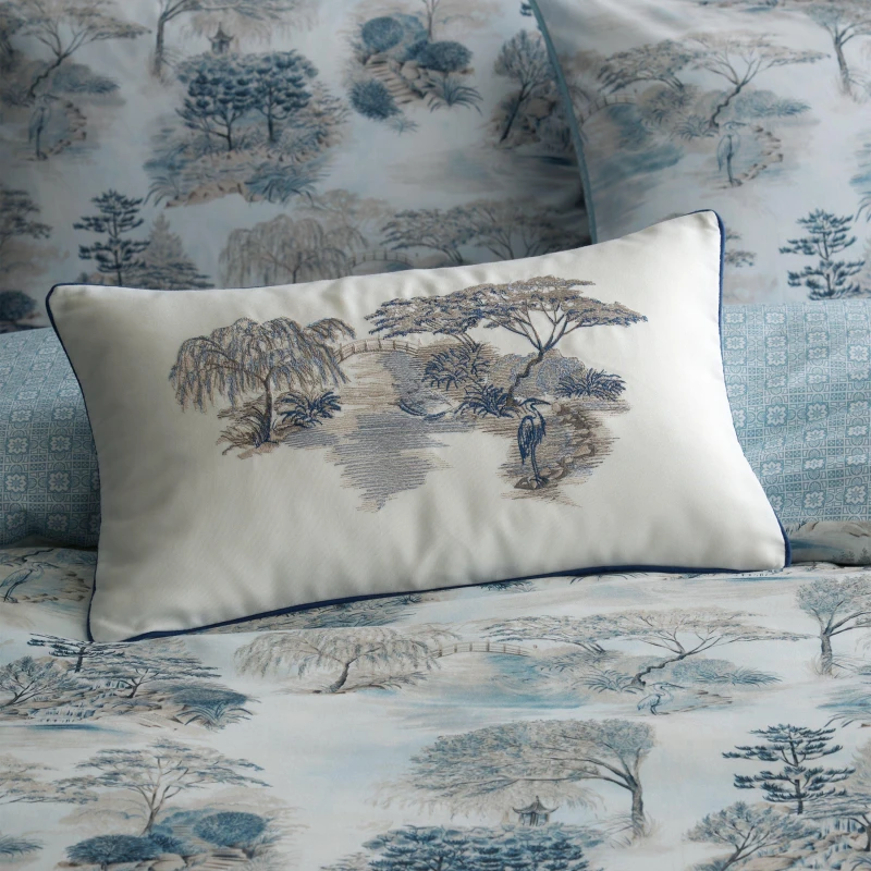 Image of Rhs Japanese Garden Rectangle Cushion Blue/White/Beige