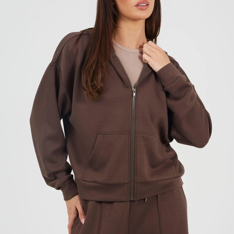 Image of Brave Soul BS Womens Zip Through Hooded Scuba Sweatshirt Chocolate female 8 (XS)