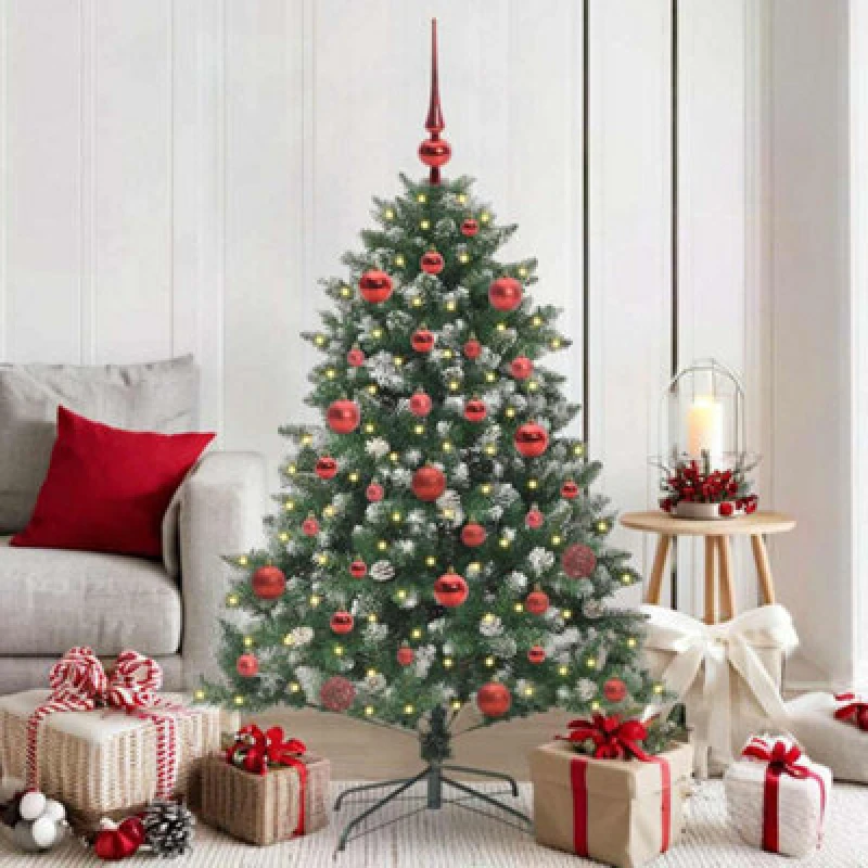 Image of vidaXL Artificial Christmas Tree with Stand, Red Balls Green 105 x 105 x 150 cm, Green 3395221