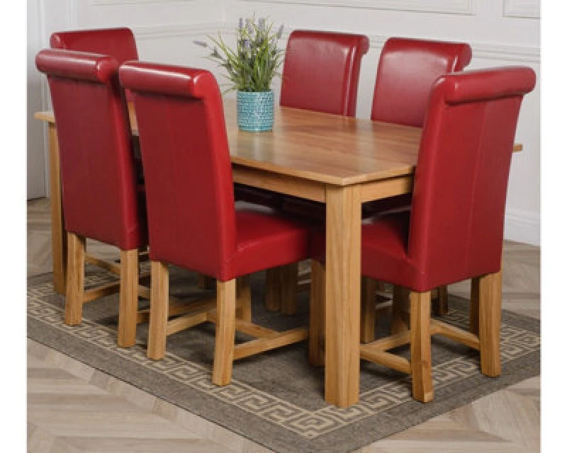 Image of Thats Furniture Oslo 180 x 90cm Large Oak Dining Table & 6 Washington Leather Chairs in Red Red Unisex 180 x 90 cm