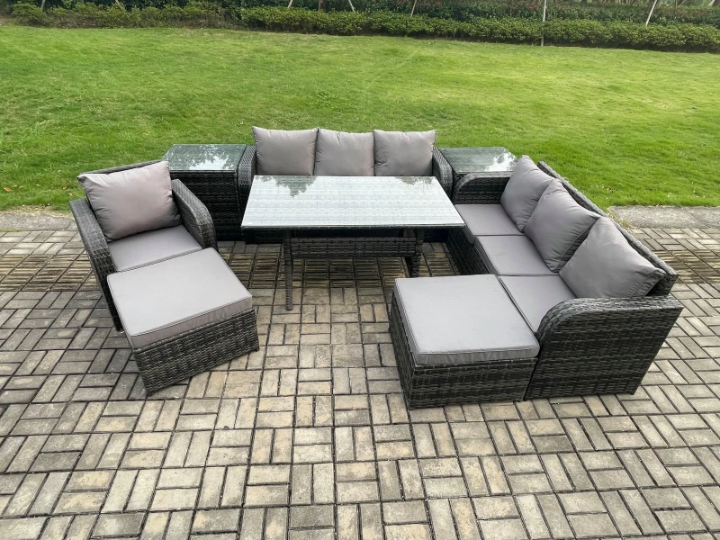 Image of Fimous Outdoor Rattan Garden Furniture Set Oblong Dining Table & Chairs Set with 3 Seater Sofa 2 Big Footstool 2 Side Tables Dark Grey Mixed Dark Grey