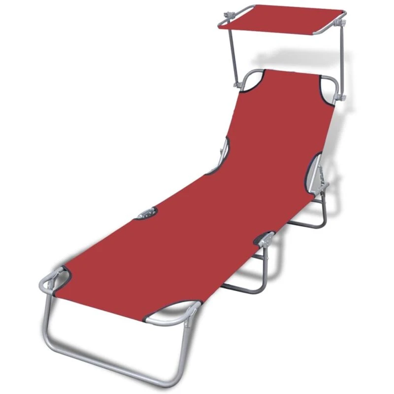Image of vidaXL Folding Sun Lounger with Canopy Steel and Fabric Red Outdoor Daybed