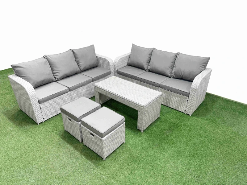 Image of Fimous Outdoor Garden Furniture Sets 8 Seater Wicker Rattan Furniture Sofa Sets with Oblong Coffee Table high Back Lounge Sofa Stools Light Grey Light