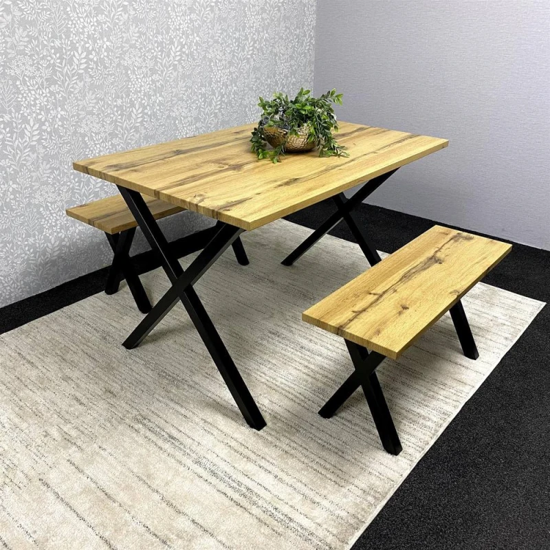Image of KOSY KOALA Dining Table & 2 Benches Set Wooden With Metal Legs for Dining Room in Brown Brown Unisex
