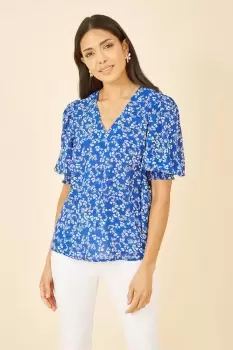 Image of Blue Ditsy Print Puff Sleeve Top