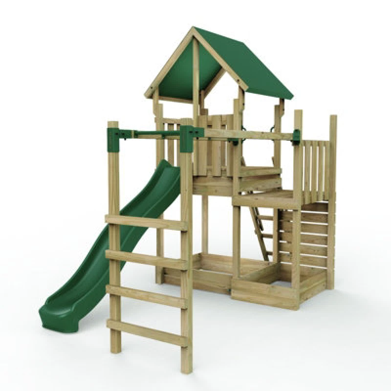Image of Rebo Wooden Climbing Frame with Play Tower and Slide - M3 Monkeybars Brown