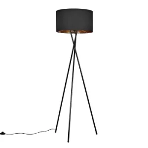 Image of Camden Black Tripod Floor Lamp with XL Black and Gold Reni Shade