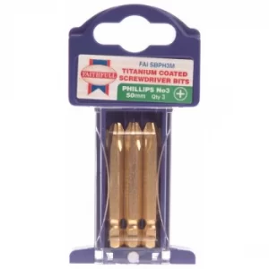 Image of Phillips Titanium Coated Screwdriver Bits PH3 X 50MM (Pack 3)