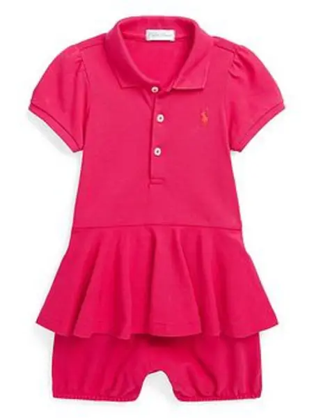 Image of Ralph Lauren Baby Girls Polo Shortall Romper - Bright Pink, Bright Pink, Size 3 Months