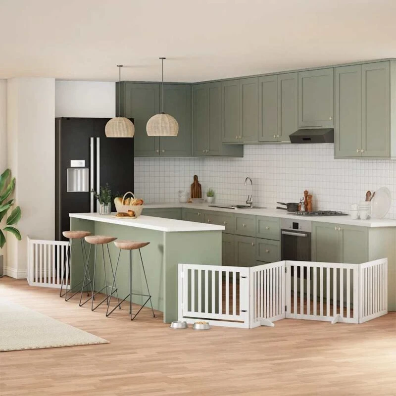 Image of vidaXL Dog Gate with Door Foldable 8 Panels White 640cm Poplar Wood, White 3155674