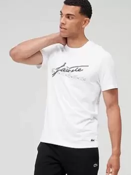 Image of Lacoste Mens Signature And Crocodile Print Crew Neck Cotton T-Shirt Size 6 - XL White