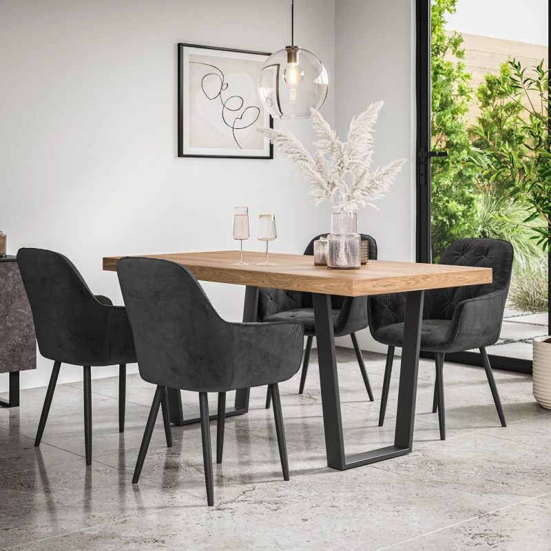 Image of More4Homes Aria Dining Table And Chairs - Oak Effect Table Top W Black Legs + Anika Velvet Dining Chair Set Of 4 (Black)