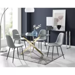 Image of Furniturebox Leonardo 120cm Modern Glass And Gold Metal Leg Dining Table And 4 Elephant Grey Corona Faux Leather Black Leg Dining Chairs