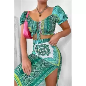 Image of I Saw It First Green Scarf Print Front Split Midi Skirt - Green