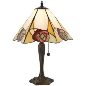 Image of Tiffany Glass Table Lamp Light Dark Bronze & Art Deco Red Rose Shade i00206