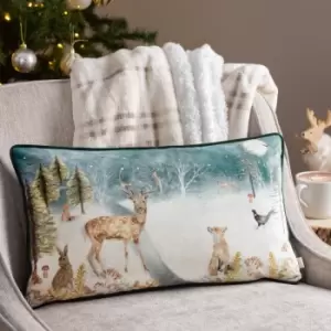 Image of Stag Winter Scene Cushion Teal, Teal / 30 x 50cm / Polyester Filled