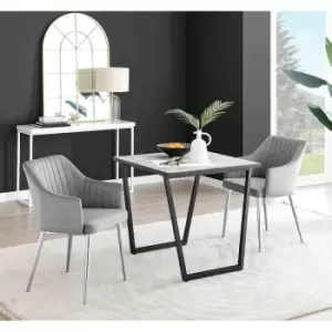 Image of Furniture Box Carson White Marble Effect Square Dining Table and 2 Grey Calla Silver Leg Chairs