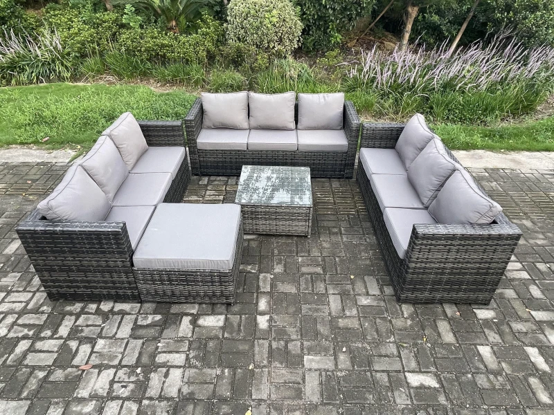 Image of Fimous Outdoor Rattan Garden Furniture Set 10 Seater Patio Lounge Sofa Set with Square Coffee Table Big Footstool Dark Grey