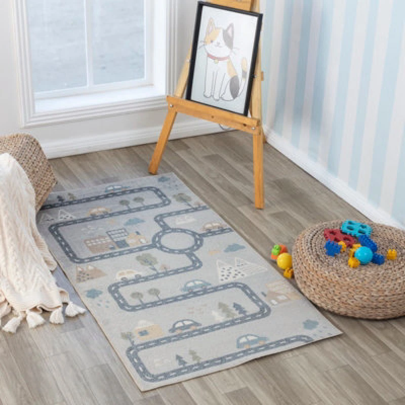 Image of Livabliss Kids Machine Washable Blue/grey Bedroom Vroomville Area Rug 80 X 150 Cm - Easy Care, Soft & Safe Rug For Kids Spaces