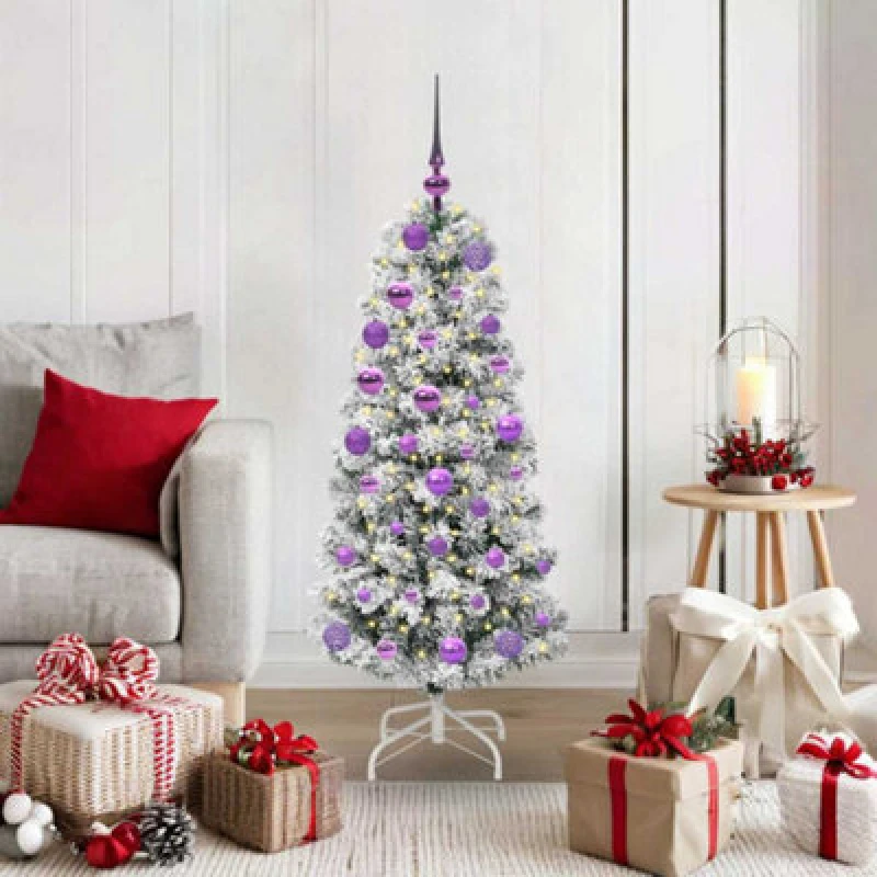 Image of vidaXL Artificial Hinged Christmas Tree with Lilac Balls Green and white 120 cm, Green 3395583
