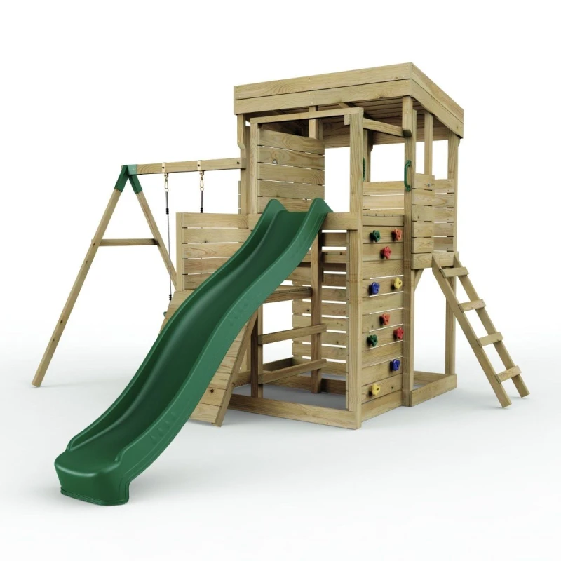 Image of OutdoorToys 2 Tier XL Lookout Tower Playhouse with Single Swing & Slide for Kids in Brown Brown Unisex