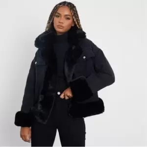 Image of I Saw It First Extreme Faux Fur Trim Denim Jacket - Black