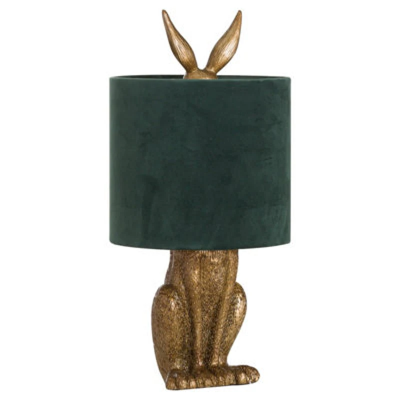 Image of Hill Interiors Antique Gold Hare Table Lamp With Green Velvet Shade