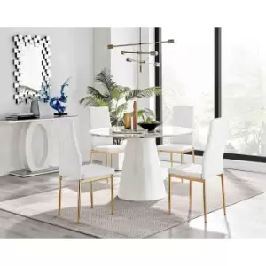 Image of Furniture Box Palma White Marble Effect Round Dining Table and 4 White Milan Gold Leg Chairs