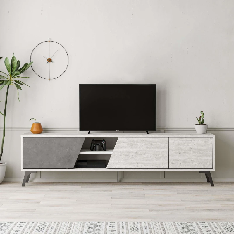 Image of DECORTIE Decortie - Fiona Modern tv Stand Multimedia Centre tv Unit With Storage Cabinet 180cm - Ancient White / Retro Grey - Retro Grey M.TV.23530.3