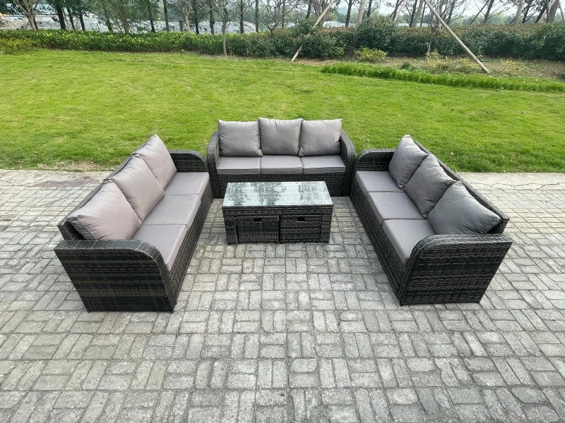 Image of Fimous 11 Seater Rattan Garden Furniture Set Indoor Outdoor Patio Sofa Set with Coffee Table 2 Small Footstools Dark Grey Mixed Dark Grey