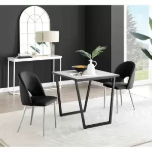 Image of Furniture Box Carson White Marble Effect Square Dining Table and 2 Black Arlon Silver Leg Chairs