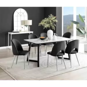 Image of Furniture Box Carson White Marble Effect Dining Table and 6 Black Arlon Silver Leg Chairs