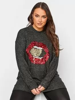 Image of Yours Soft Touch Lips Sequin Top - Grey, Size 18, Women