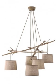 Image of Ceiling Pendant 5 x E27 (Max 40W), Imitation Wood, Linen Shade
