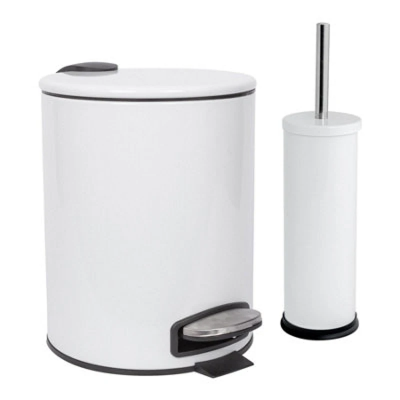 Image of Harbour Housewares Bathroom Bin & Toilet Brush Set - 5L - White - Round Stainless Steel Slim Trashcan Rubbish Bin & Brush