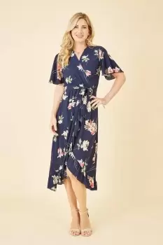 Image of Navy Floral Dip Hem Wrap Midi Dress