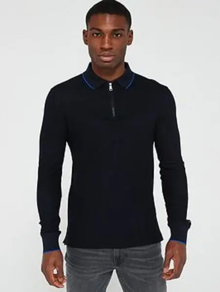 Image of Tommy Hilfiger Structure Long Sleeve Slim Fit Polo Shirt - Navy