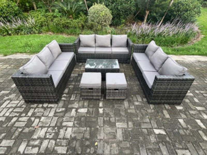 Image of Fimous Outdoor Lounge Sofa Set Wicker PE Rattan Garden Furniture Set with Oblong Coffee Table 2 Small Footstools Dark Grey